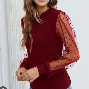 3/$15 High Neck Red Sheer Polka Dot Sleeve Holiday Top 🎄🎁♥️ Size L - pre-loved